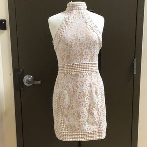 white lace crochet high neck midi dress
